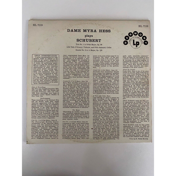 Dame Myra Hess Plays Schubert Trio No.1 B Flat Major Op.99 LP Harmony 7119 VG+ - Picture 2 of 7